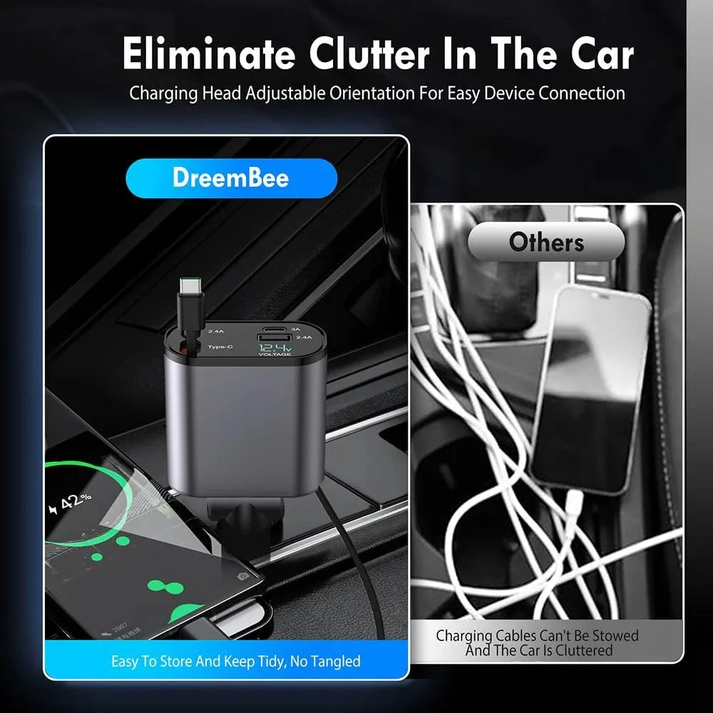 4 in 1 120W Car Cigarette Charger USB : Compact, Retractable Charger for All Your Devices