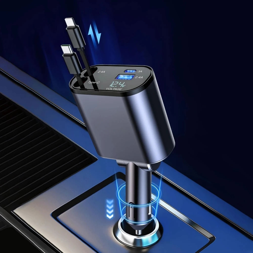 4 in 1 120W Car Cigarette Charger USB : Compact, Retractable Charger for All Your Devices